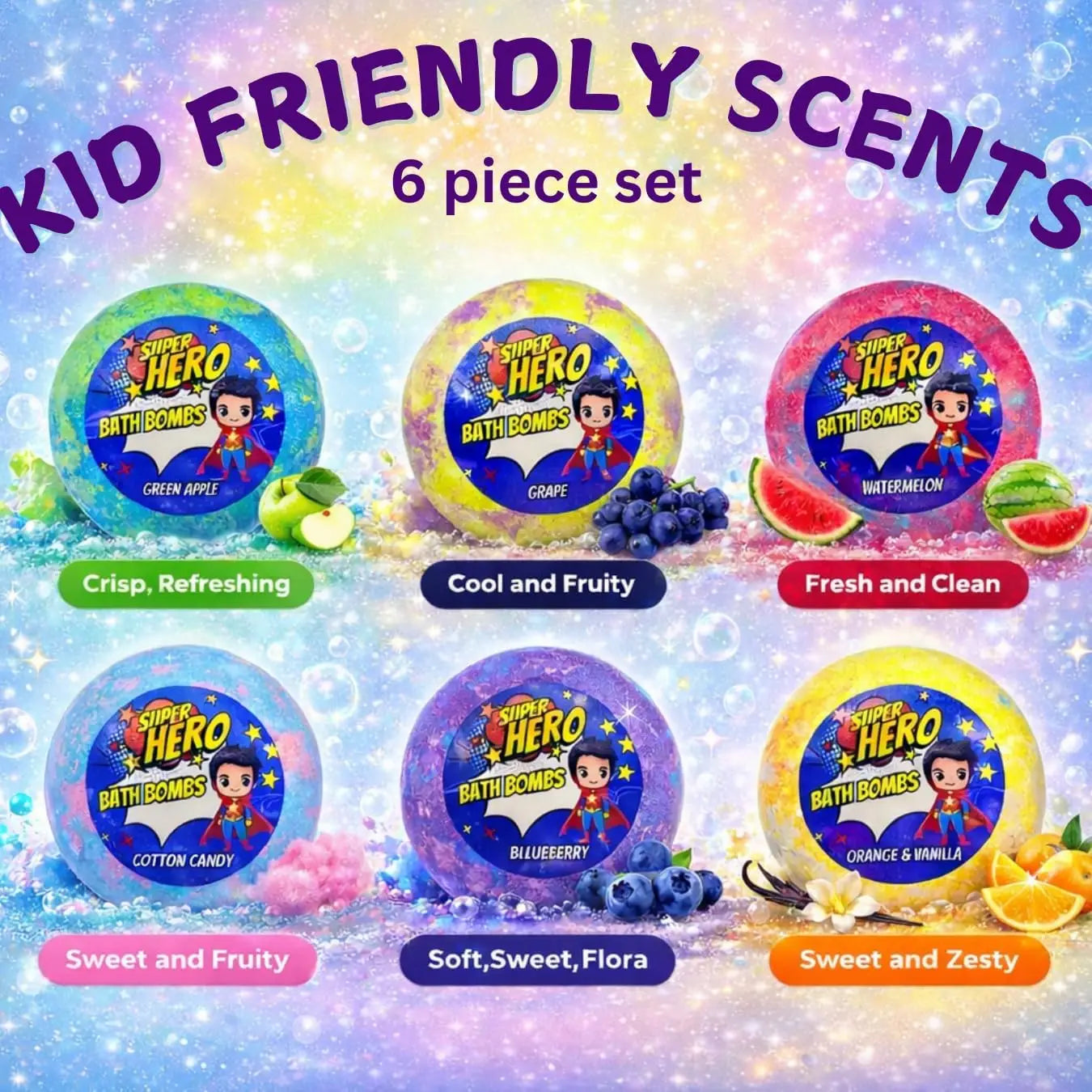 Superhero Bath Bombs for Kids, 6 Pack Organic Bathbomb with Surprise Toy Inside, Epic Fizz Fun Gift for Boys Girls
