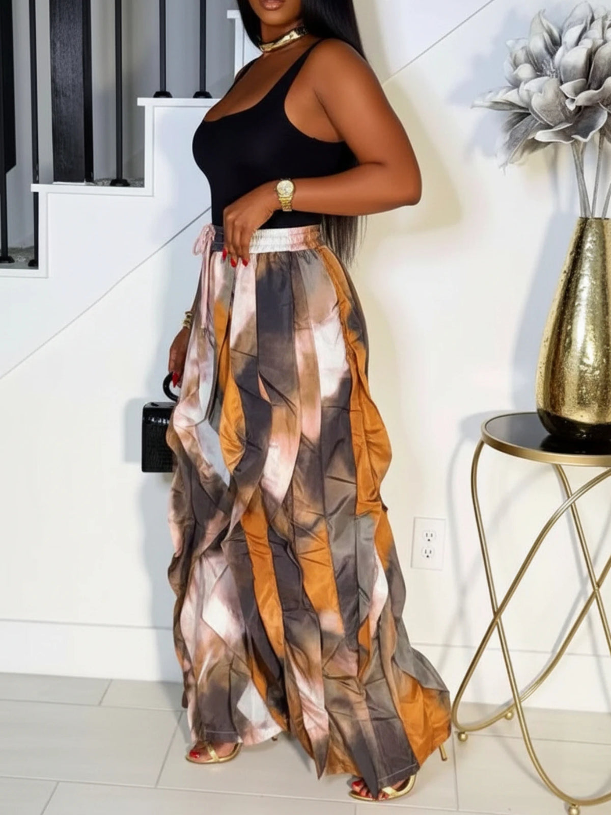 Women's Sleeveless Scoop Neck Cami Top Matching Abstract Print Ruffle Long Pants For Daily Street Brunch Casual Occasions