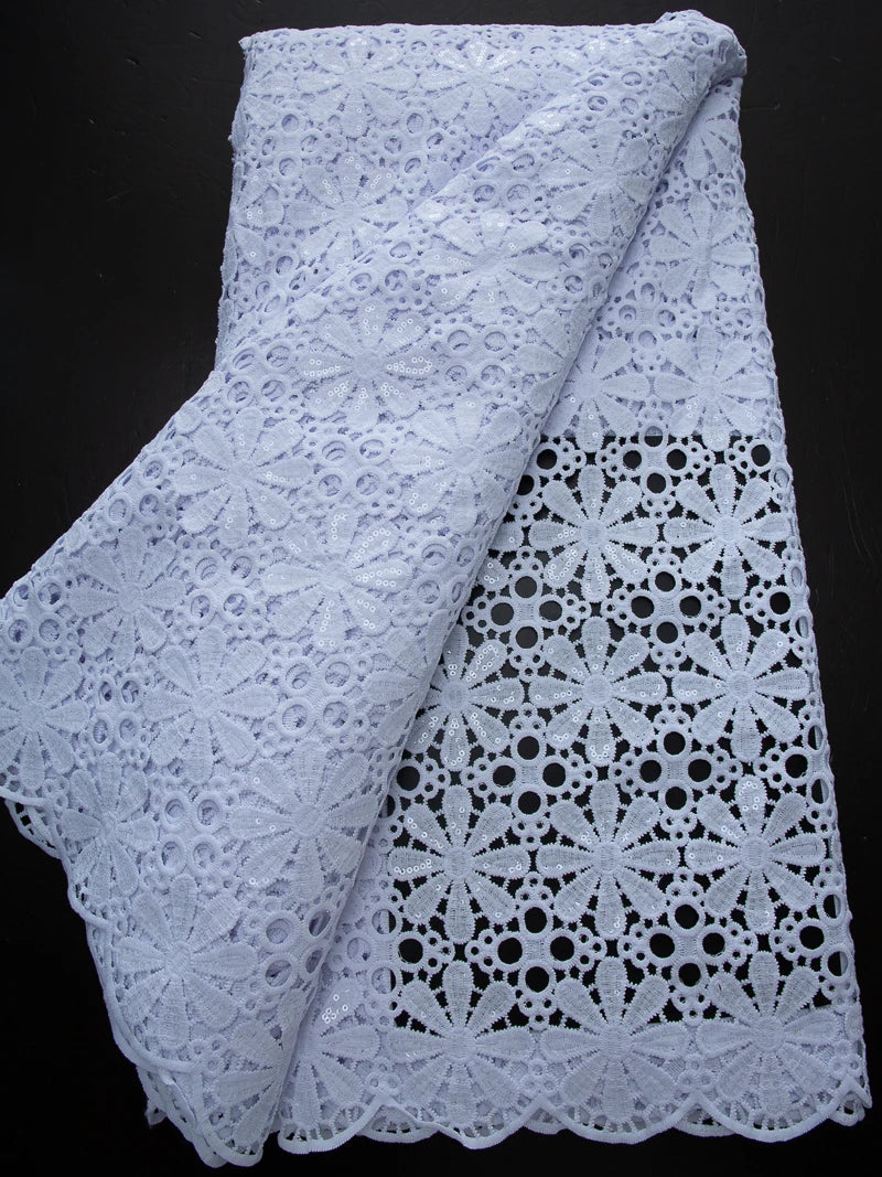 Pure White Nigerian Guipure Lace Fabric Water Soluble African Sequin Cord