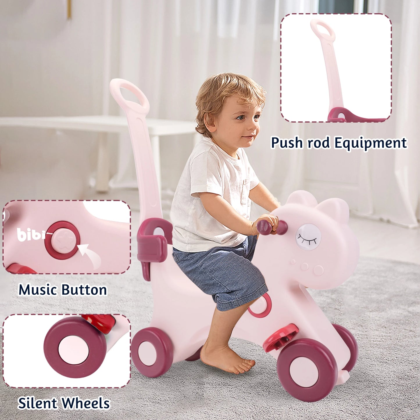 Toddler Rocking Horse Ride‑On Toy, Convertible Baby Rocker & Sliding Car with Backrest, Safe Indoor Play Gift for 1‑3Y Kids Boys Girls