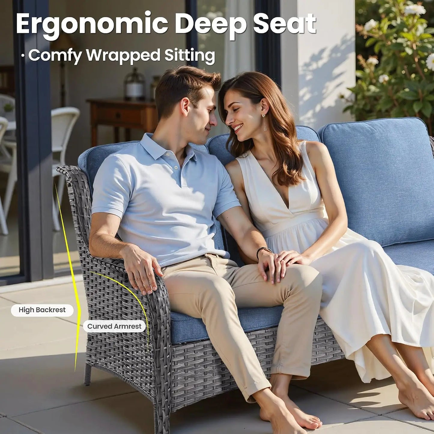 5-Piece Wicker Patio Set with Swivel Chairs & Side Table, High Back Outdoor Sofa with Cushions for Garden, Grey/Blue, Custom