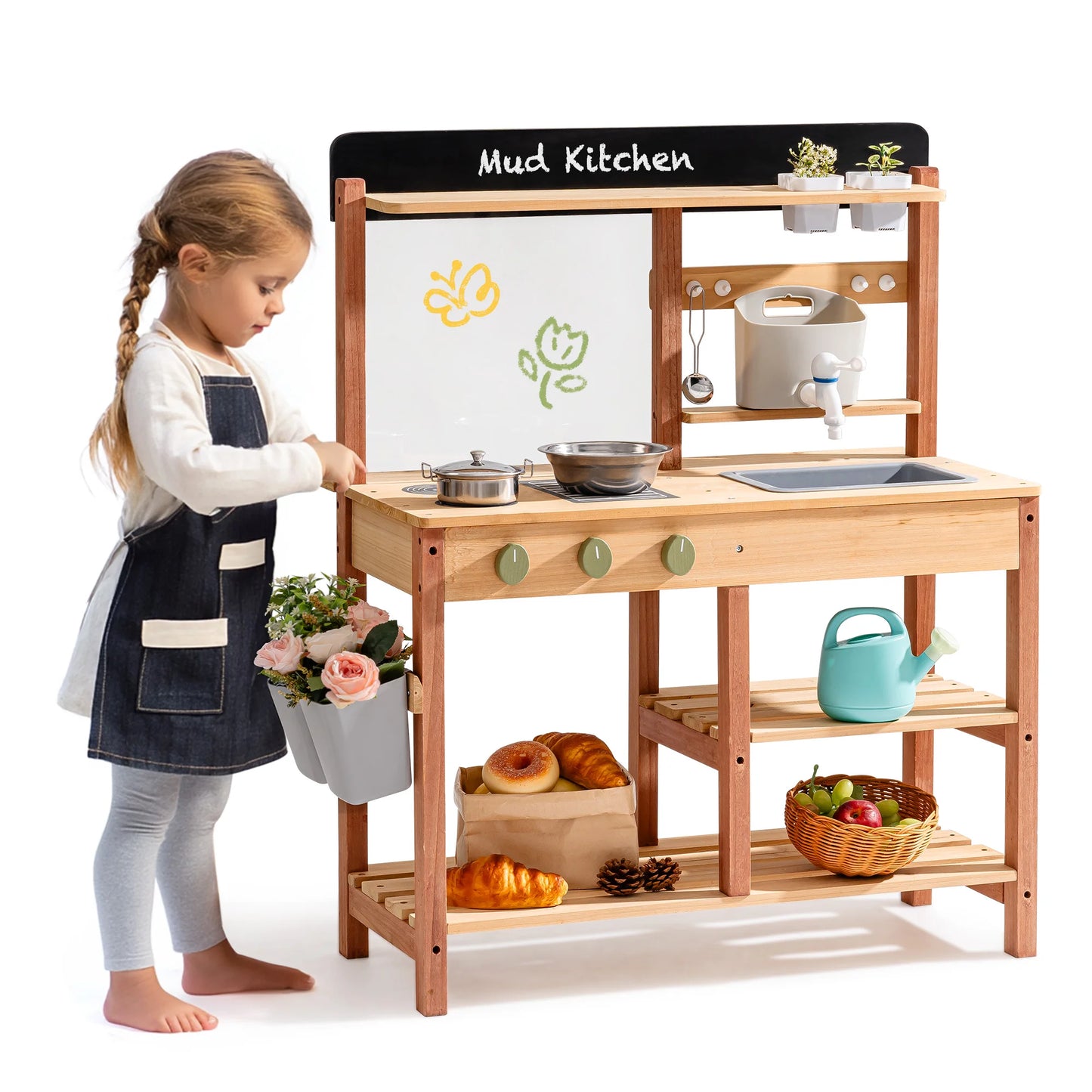 Robud Montessori Mud Kitchen Wooden Outdoor Play Kitchen with Sink Storage Develops Fine Motor Skills Ideal Gift for Kids Age 3+