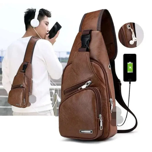 Mens Multifunctional USB Charging Crossbody Chest Bag in Microfiber Leather