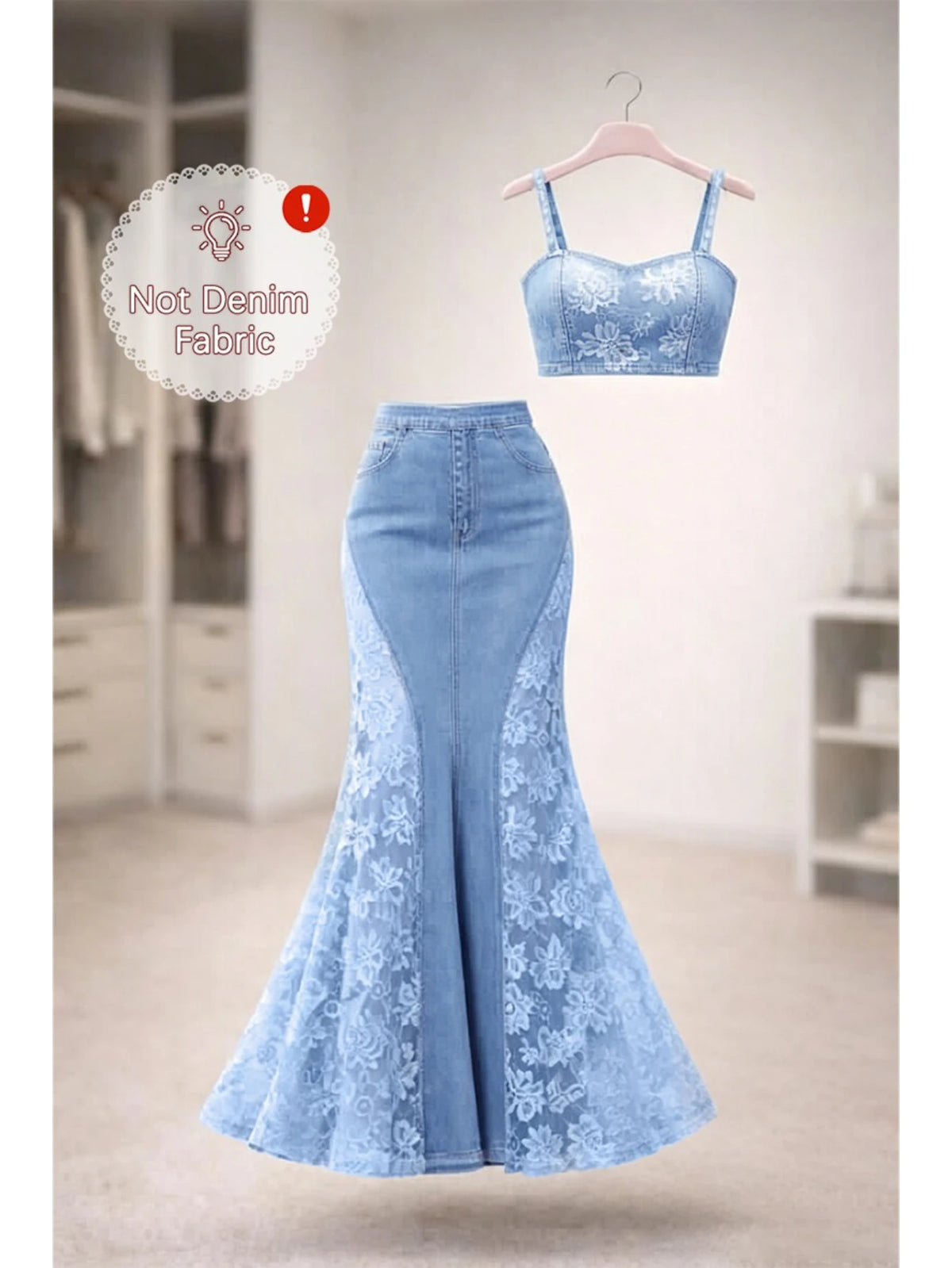 Women Spaghetti Strap Crop Top And High Waist Mermaid Maxi Skirt Two Piece Outfit Party Vacation Matching Suit