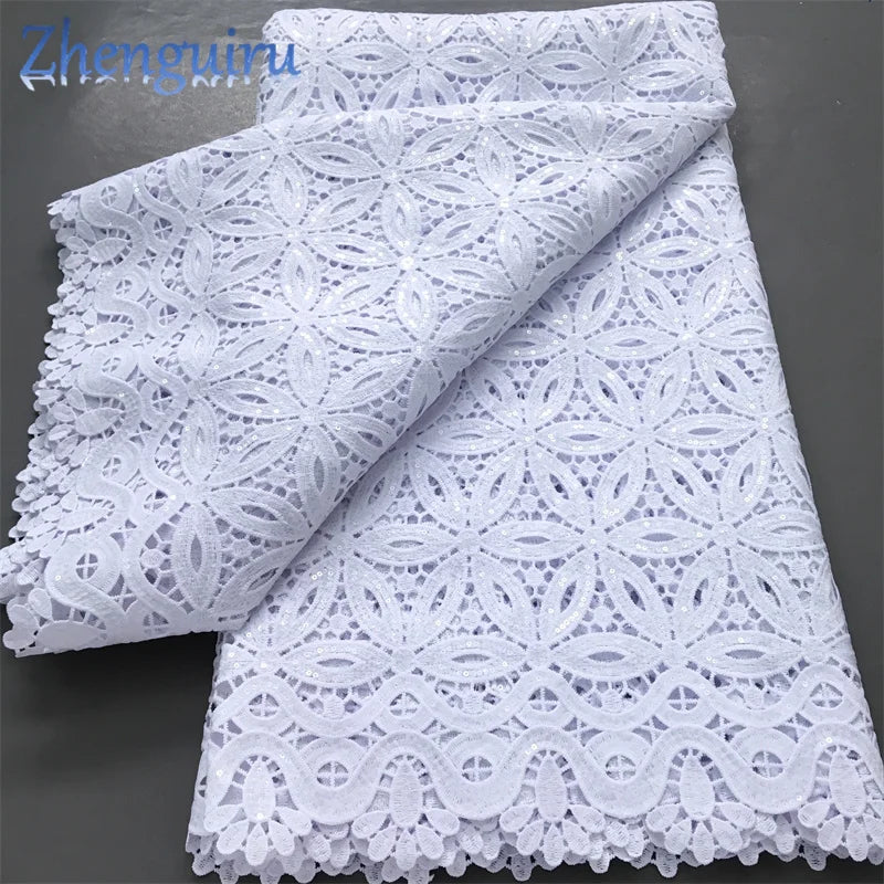 Pure White Nigerian Guipure Lace Fabric Water Soluble African Sequin Cord