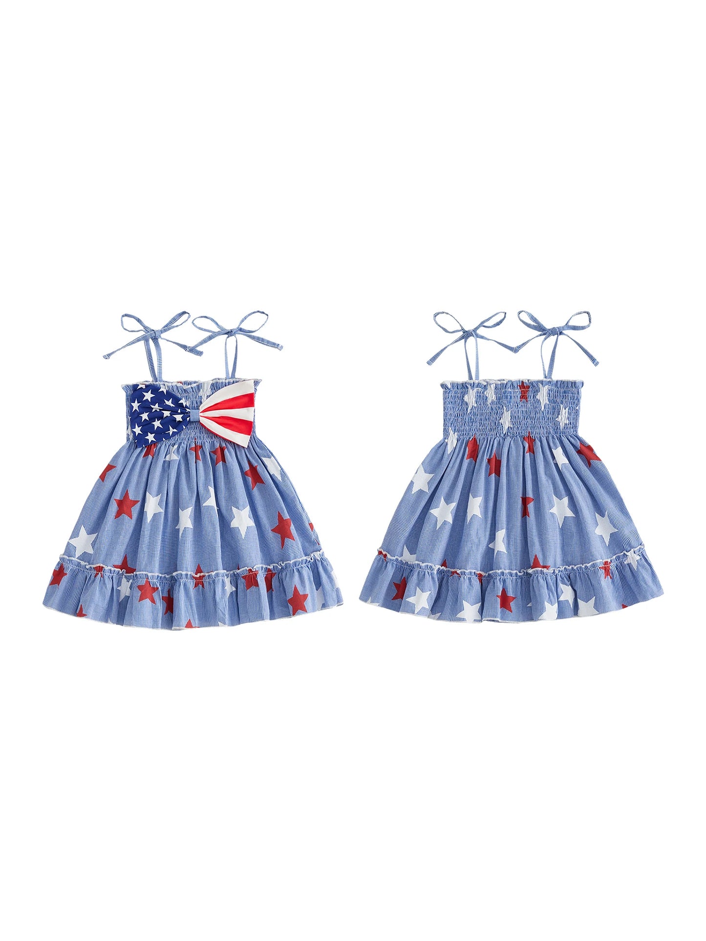 Girls Patriotic Sleeveless Dress With Star And Stripe Print Bow