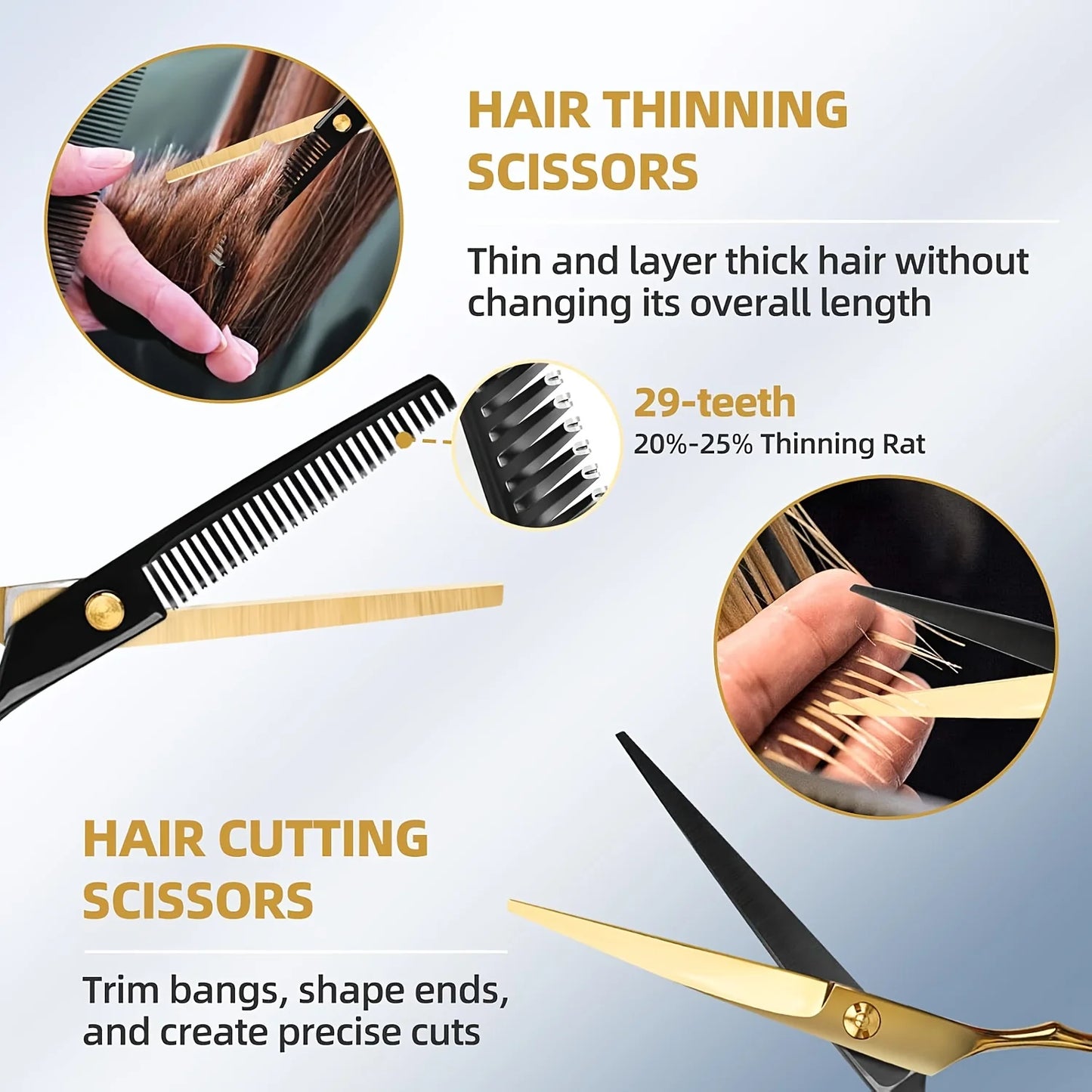 Professional Hair Cutting Scissors Set Black Gold Salon Shears with Thinning Scissors Barber Cape Combs Razor Clips Brush Pouch Kit for Hair Styling and Grooming