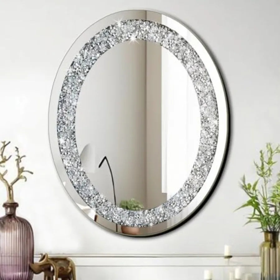 Crushed Crystal Oval Glam Bling Silver Wall Mirror Decoration