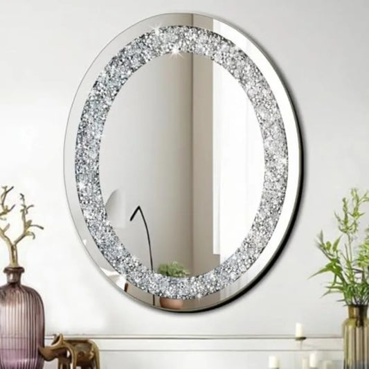 Crushed Crystal Oval Glam Bling Silver Wall Mirror Decoration
