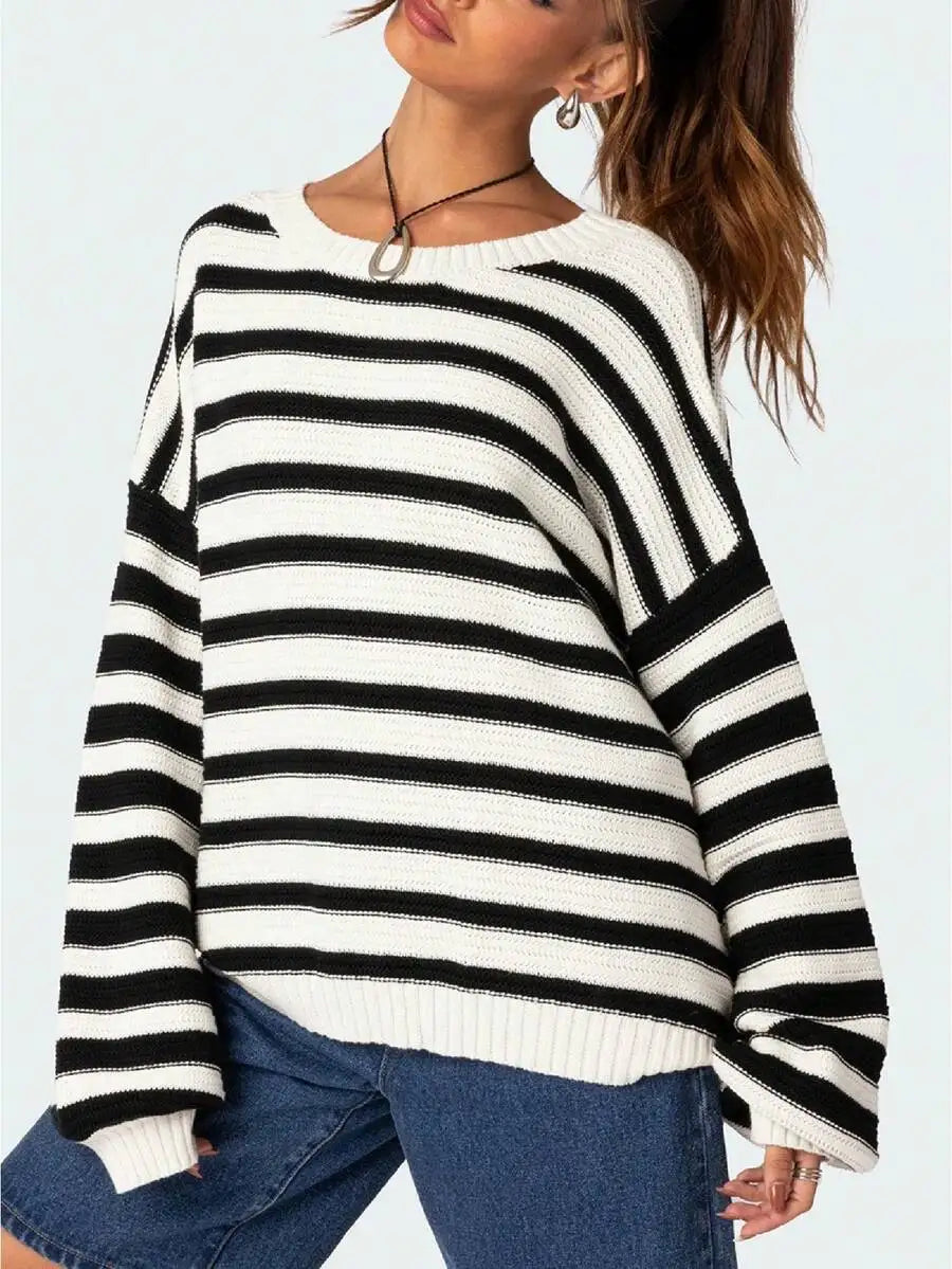 Oversized Striped Knit Sweater Long Sleeve Crew Neck Pullover Casual Vintage Preppy Style