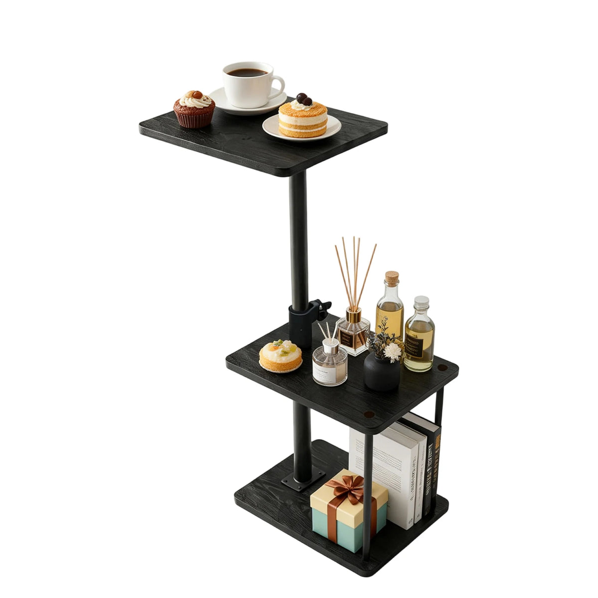Adjustable Height 360° Swivel C Shaped Side Table With 3 Tier Storage, Space Saving Sofa Bed Laptop Table, Home Office Bedroom