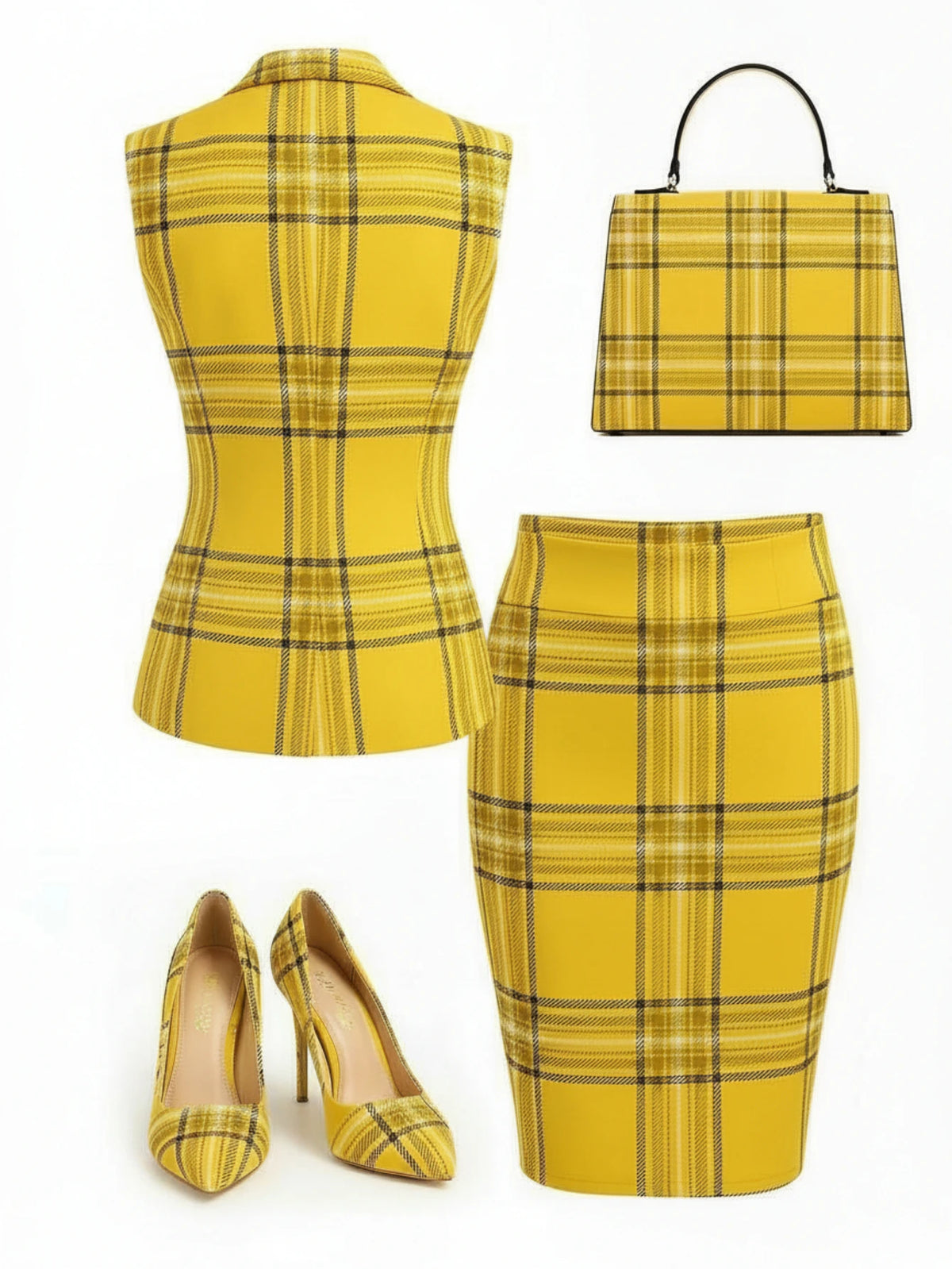 Women Bow‑Knot Stand Collar Sleeveless Plaid Top And High Waist Pencil Skirt Two‑Piece Outfit Business Office Casual Matching Suit