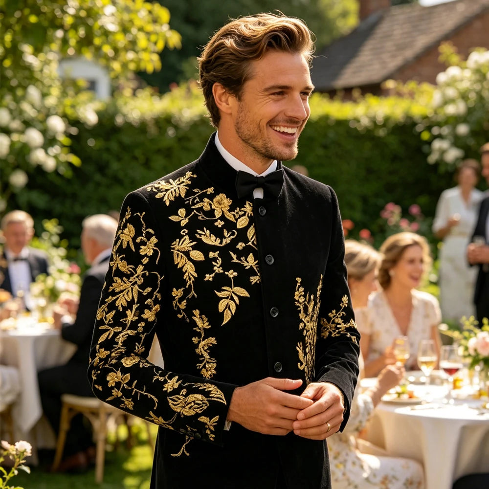 Men's Velvet Blazer With Floral Embroidery For Weddings And Parties