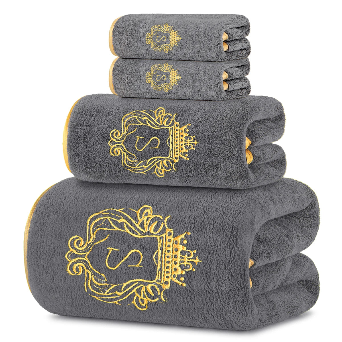 4-Piece Bath Towel Set, Gold-Edged S Solid Color Bath Towel, 1 Bath Towel + 1 Hand Towel + 2 Face Towels, Bathroom Accessories, Suitable for Yoga, Bathing, Swimming, Spa, Etc., Holiday Gift