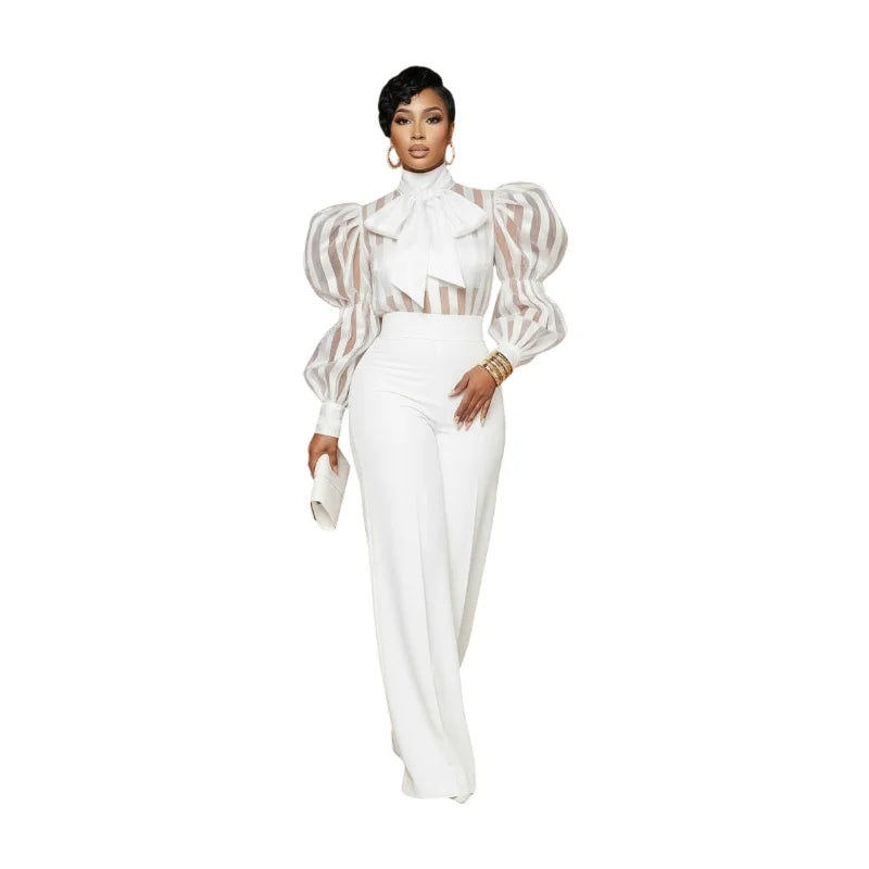 Women High Neck Bow Puff Long Sleeve Sheer Striped Shirt And High Waist Wide Leg Pants Outfit For Formal Dinner Wedding Occasion