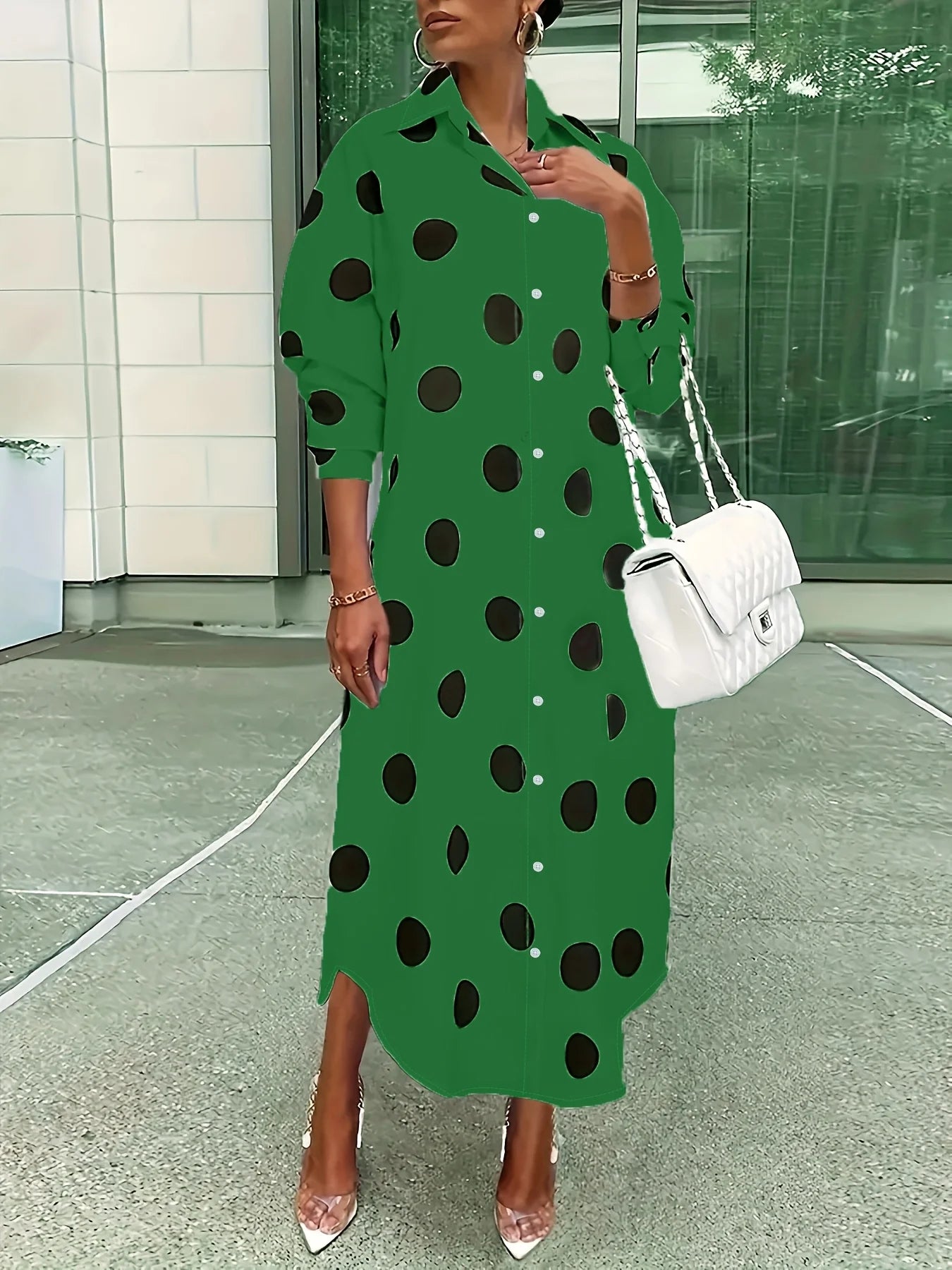 Women Polka Dot Lapel Single Breasted Midi Shirt Dress