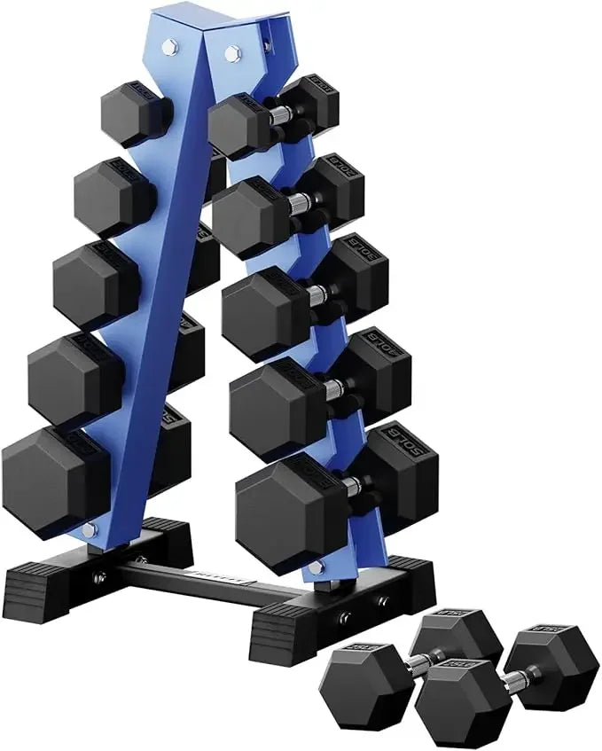 RitFit Rubber Hex Dumbbell Set With Rack 250-650 Lb