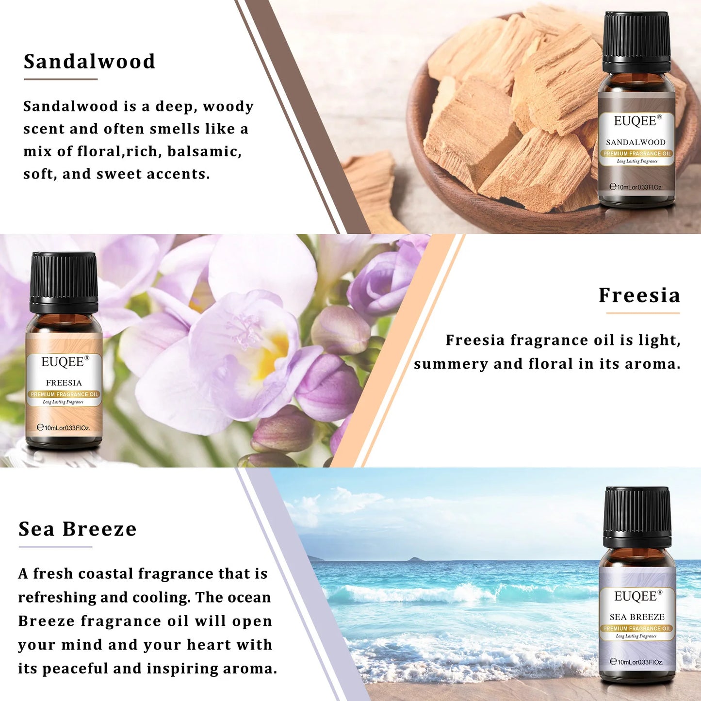 EUQEE 6 Bottle Fragrance Oils Gift Set For Soap Candle Making -10ml Freesia,Sea Breeze,Sandalwood,Cedarwood,Bamboo & Teak,Forest Pine Aroma Oil
