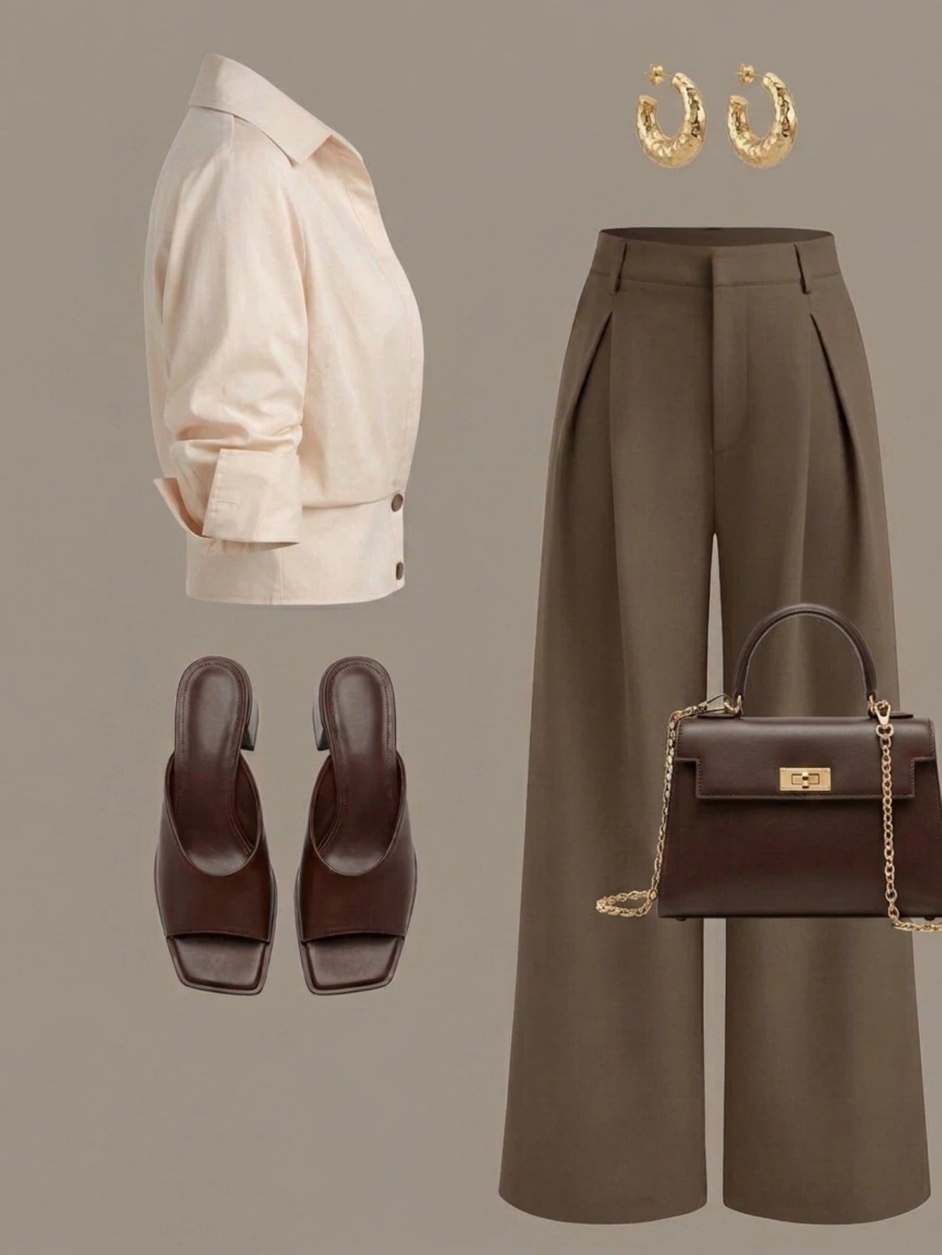Women Lapel Cropped Button Front Shirt High Waist Wide Leg Trousers Two Piece Outfit Daily Commute Casual Wear