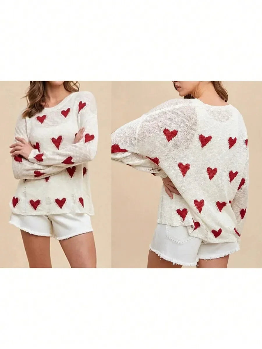 Women Casual Heart Print Ripped Knit Long Sleeve Pullover Sweater For Fall Streetwear