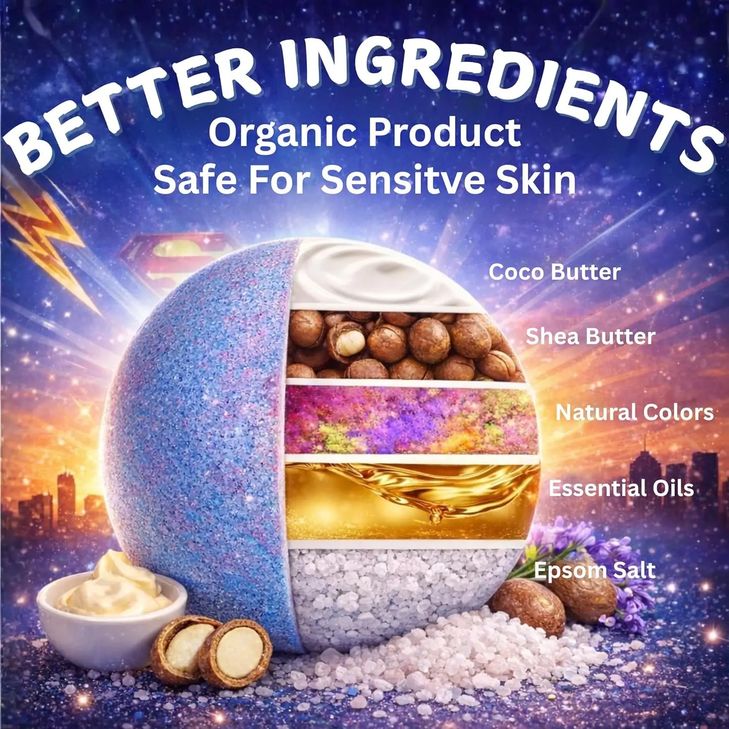 Superhero Bath Bombs for Kids, 6 Pack Organic Bathbomb with Surprise Toy Inside, Epic Fizz Fun Gift for Boys Girls