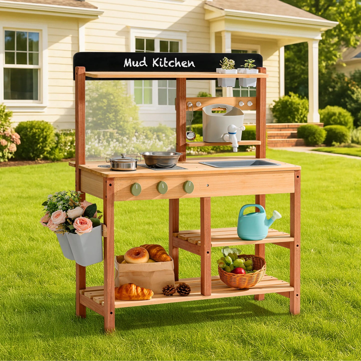 Robud Montessori Mud Kitchen Wooden Outdoor Play Kitchen with Sink Storage Develops Fine Motor Skills Ideal Gift for Kids Age 3+