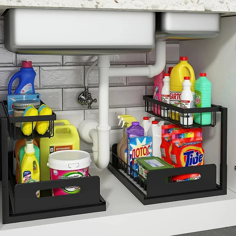 2-Tier Sliding Under Sink Organizer Rustproof Metal Storage for Kitchen