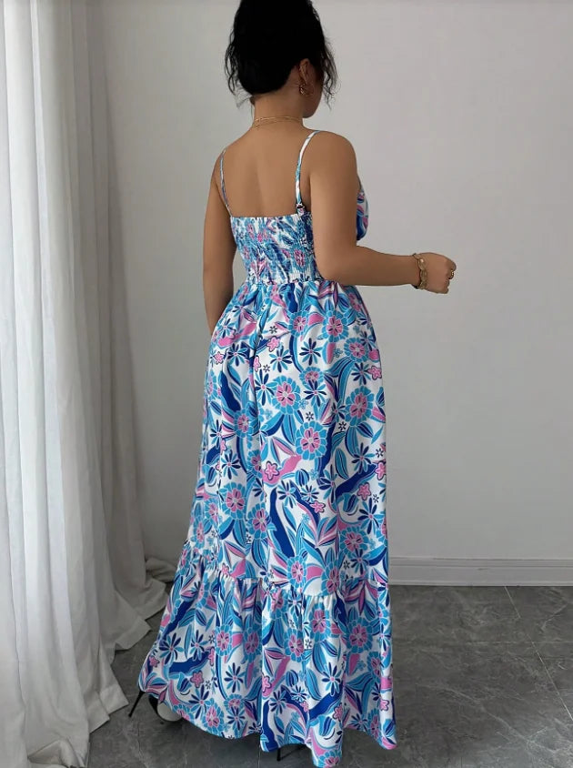 Women Elegant Floral Polyester Camisole Casual Dress