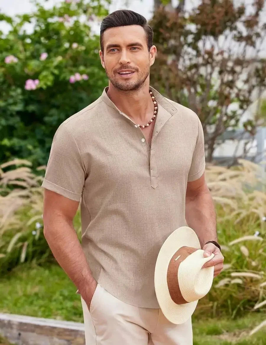 Mens Linen Henley Shirt Short Sleeve Casual Summer Beach Top