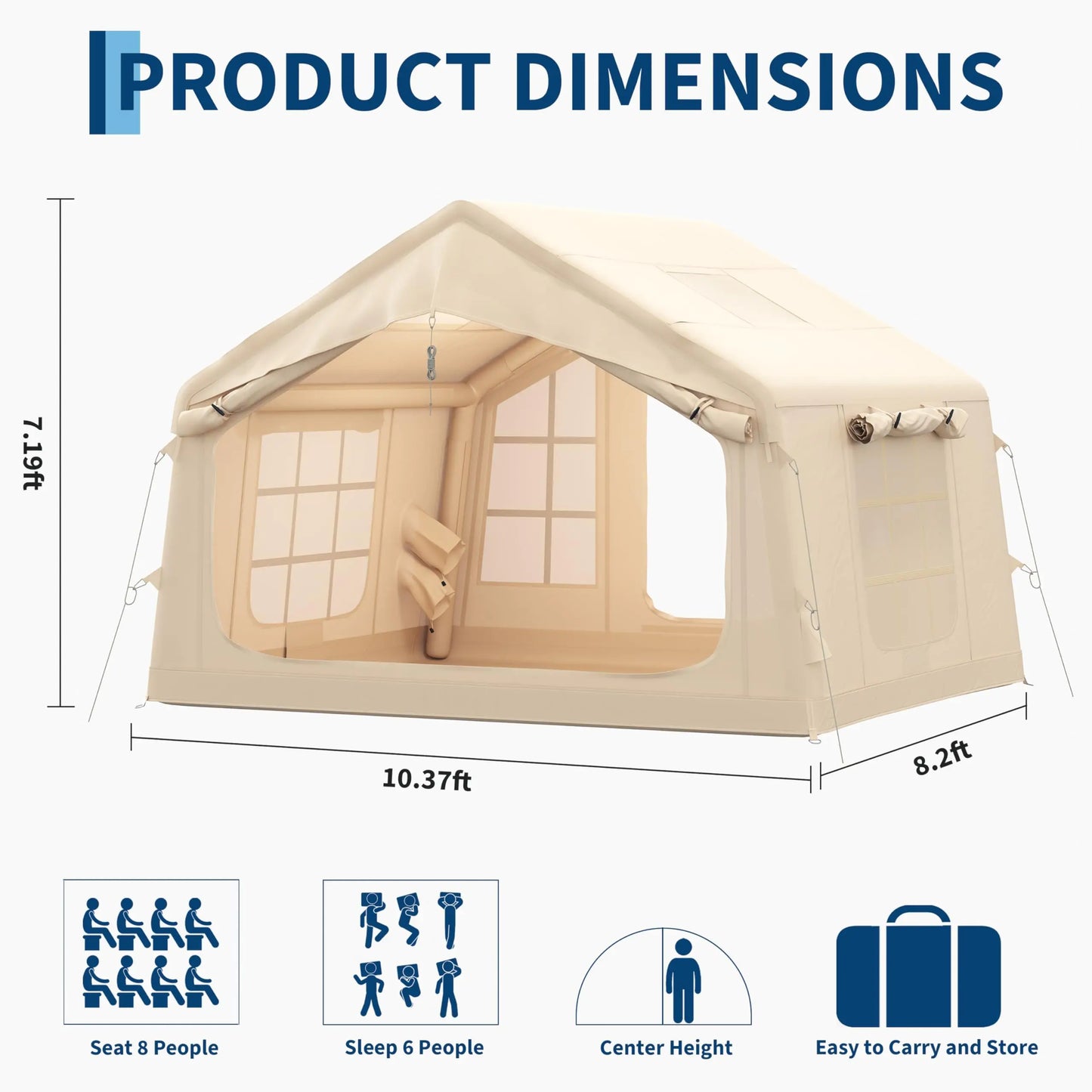 6-8 Person Inflatable Camping Tent with Chimney Opening and Sky Light PU 10000mm Waterproof Windproof Oxford Air Tent with Pump Easy Setup Large Blow Up Tent 316x250x220cm