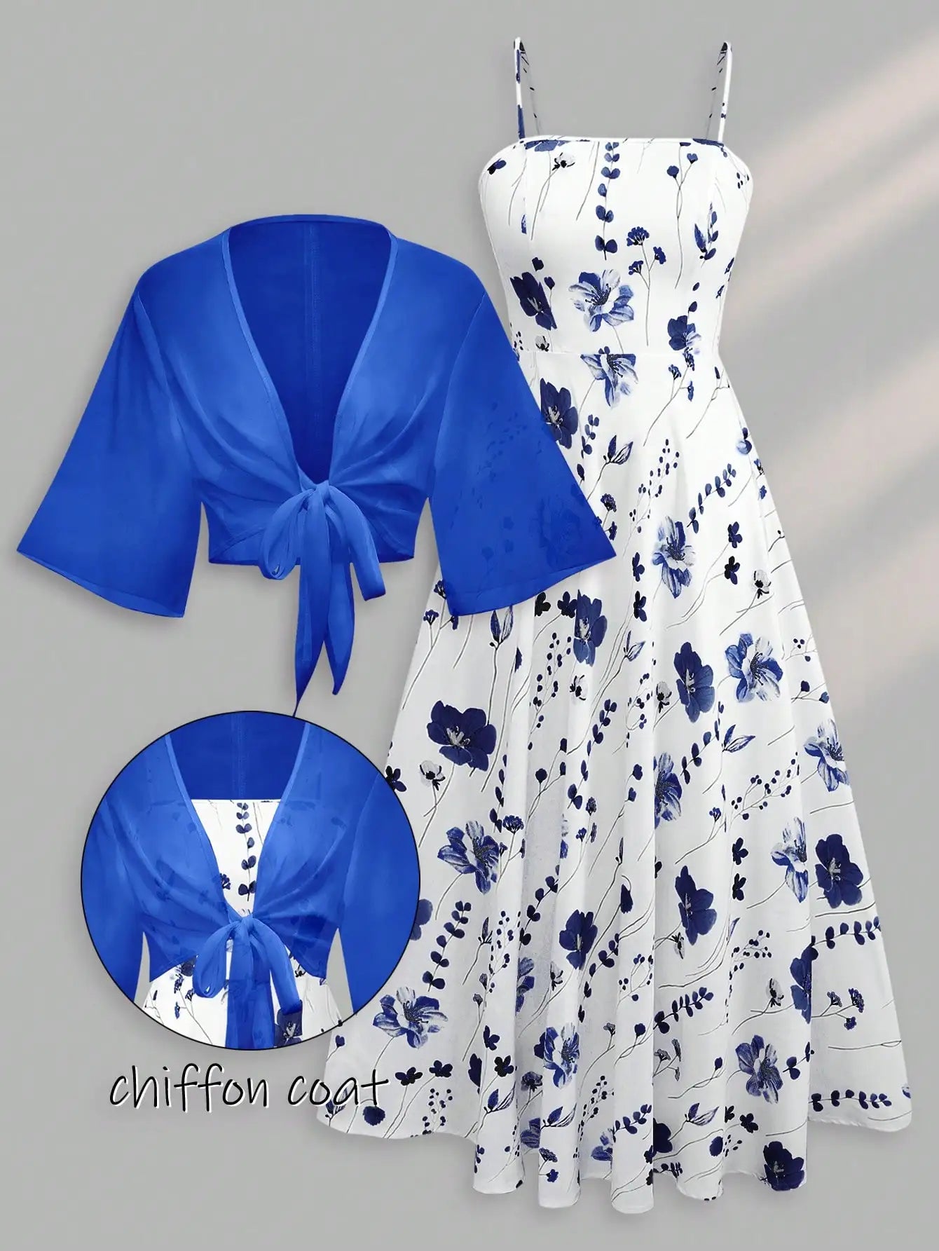 2 Pieces Women's Floral Chiffon Dress Elegant Romantic Date Outfit Spring Summer