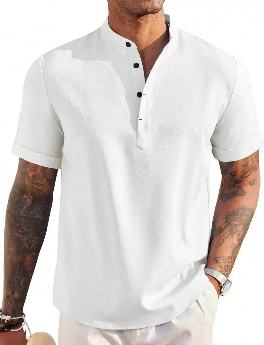 Mens Linen Henley Shirt Short Sleeve Casual Summer Beach Top