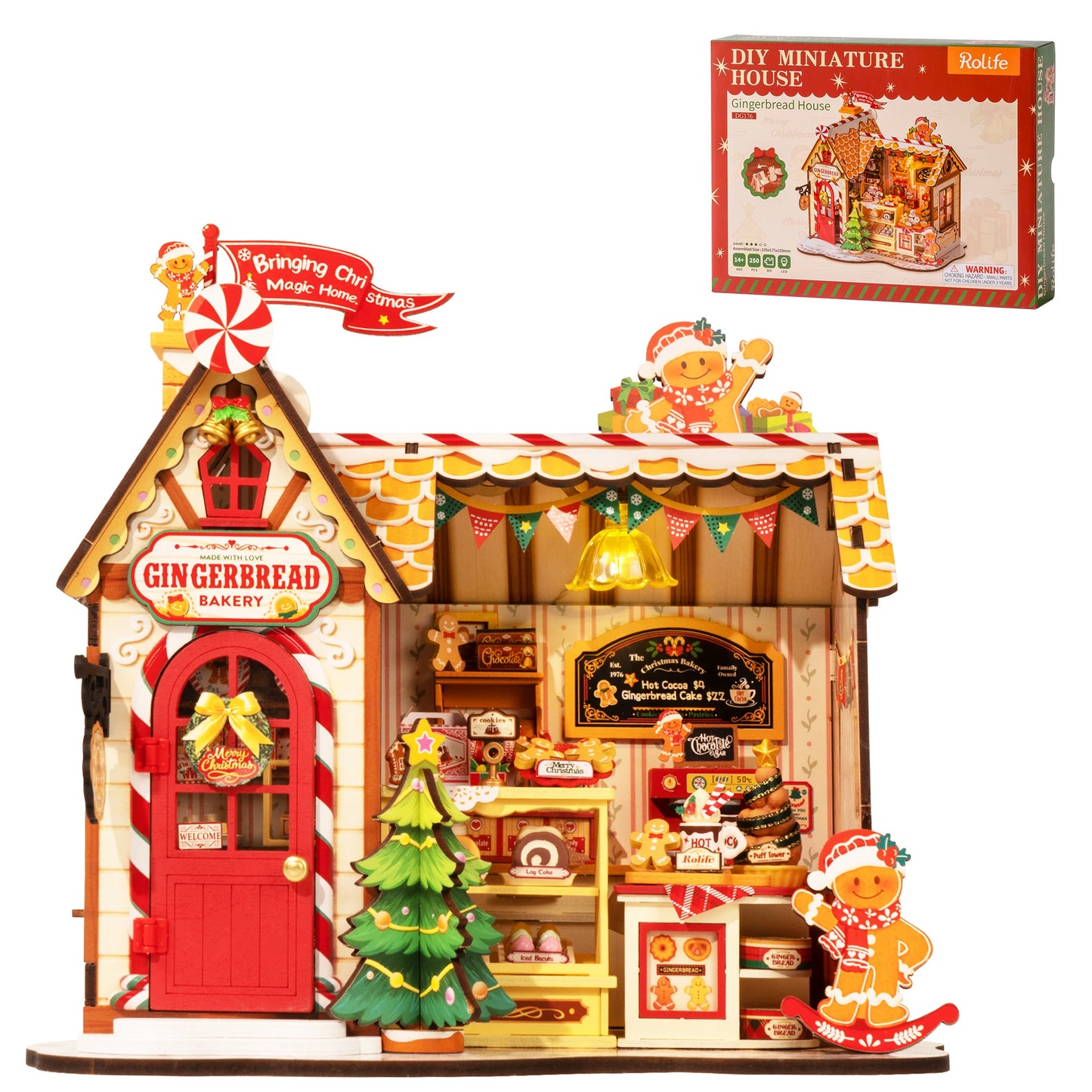Rolife Gingerbread House DIY Miniature Dollhouse Wooden 3D Puzzle Model Building Kit with LED Light for Christmas Home Decor Gift for Adults Friends