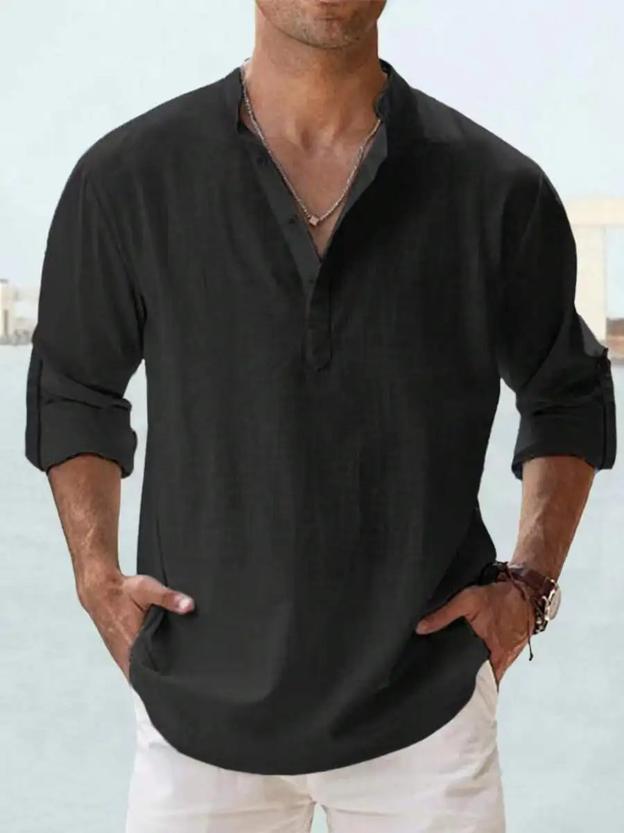 Mens 100% Cotton Stand Collar Long Sleeve Loose Fit Casual Shirt