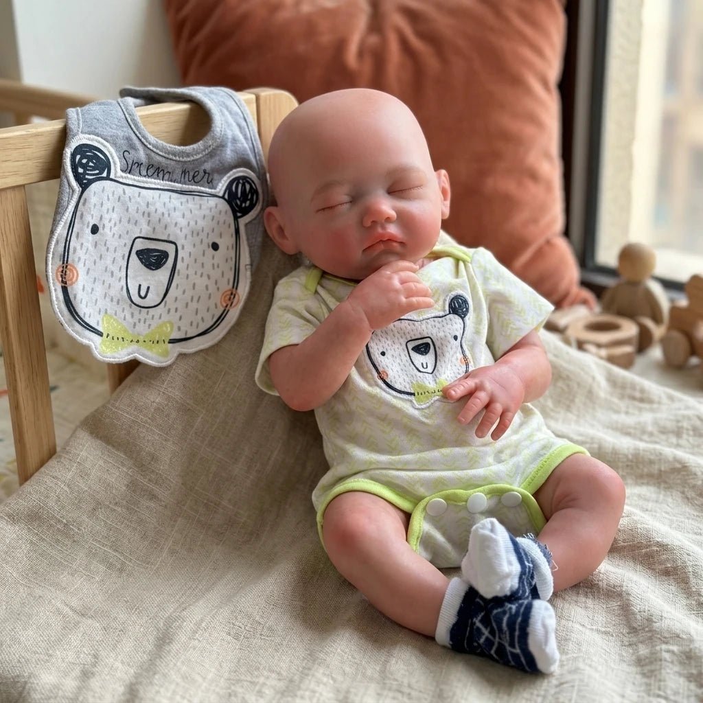 18 Inch Full Body Silicone Reborn Doll Bald Sleeping Closed Eyes Lifelike Newborn Hand Painted Waterproof Collectible Art Ornament for Holiday and Birthday Gifts