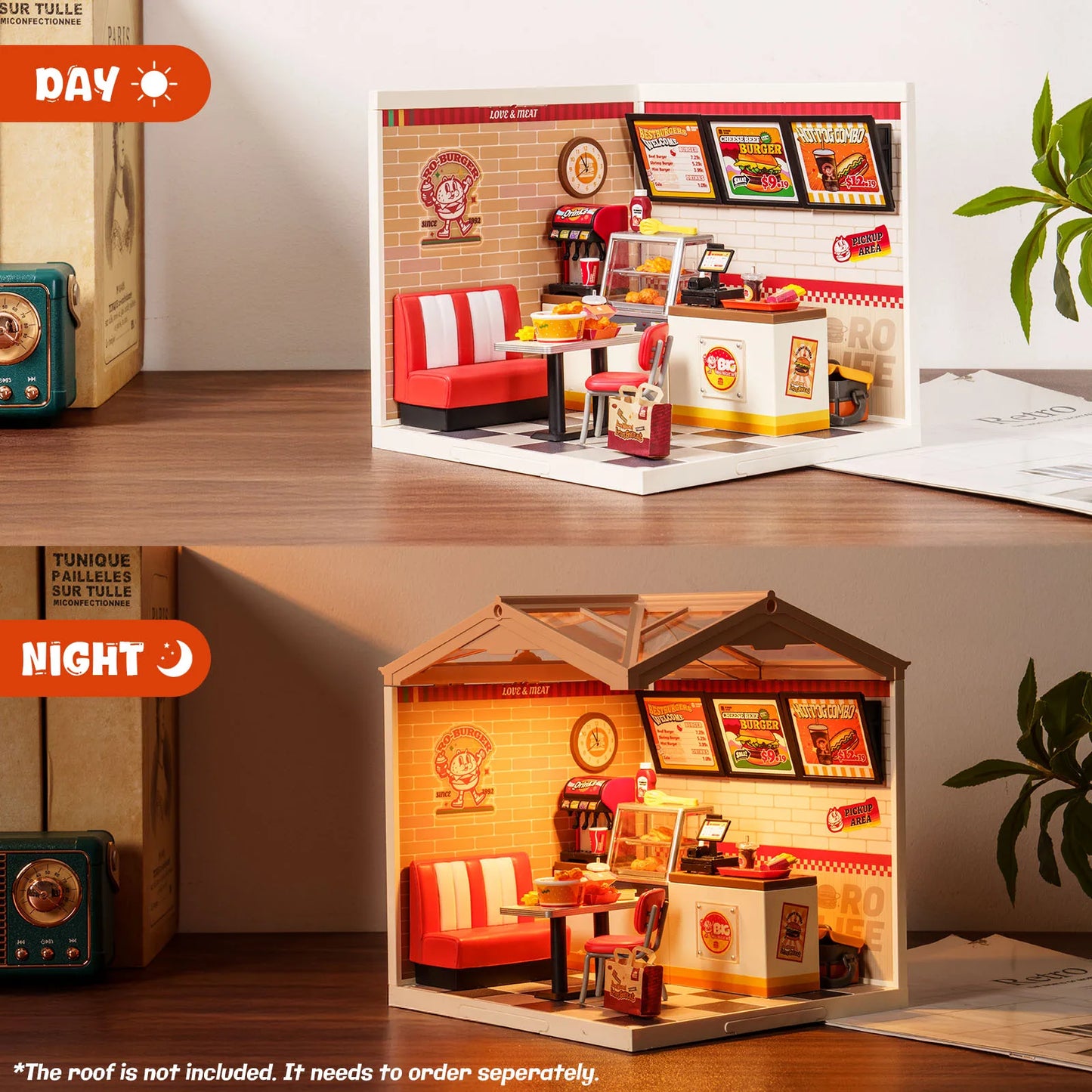 Rolife DIY Miniature House Kit Yum Yum Burgers Super Creator Dollhouse 3D Puzzle Model Building Kit with LEDLight for Desk Decor