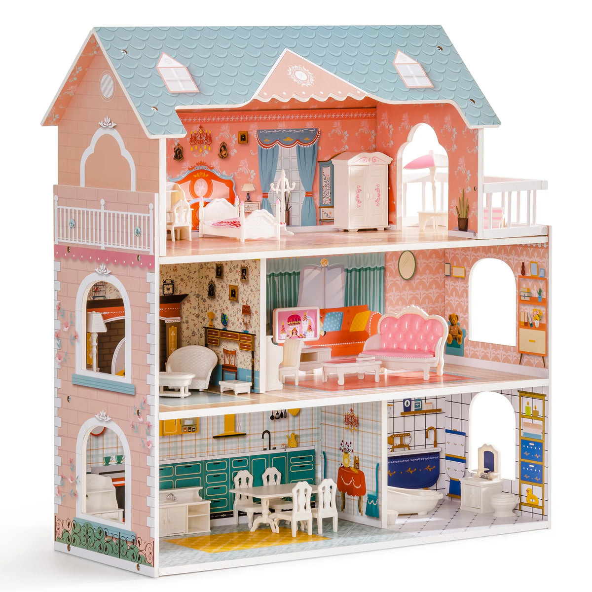 ROBUD Wooden Dollhouse 3 Story 6 Room with 31PCS Furniture Set, Kids Pretend Play Doll House Toy, Miniature House Gift for Girls Boys Age 3+