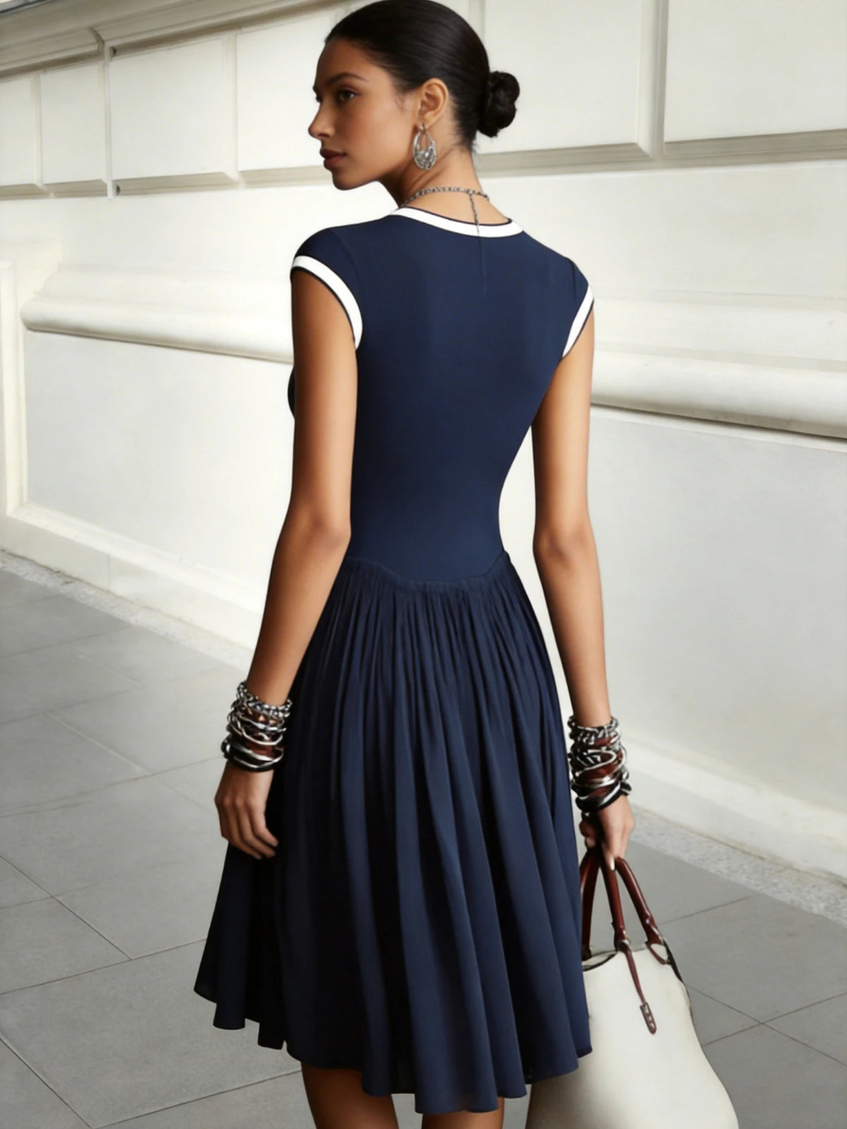 Women Contrast Trim Round Neck Cap Sleeve Fit And Flare Midi Dress Elegant Daily Commute Casual Swing Dress