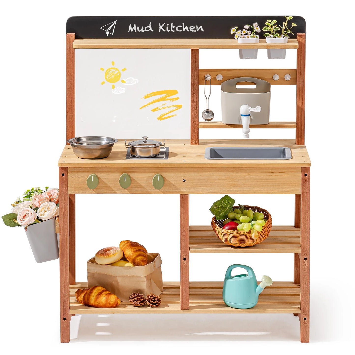 Robud Montessori Mud Kitchen Wooden Outdoor Play Kitchen with Sink Storage Develops Fine Motor Skills Ideal Gift for Kids Age 3+