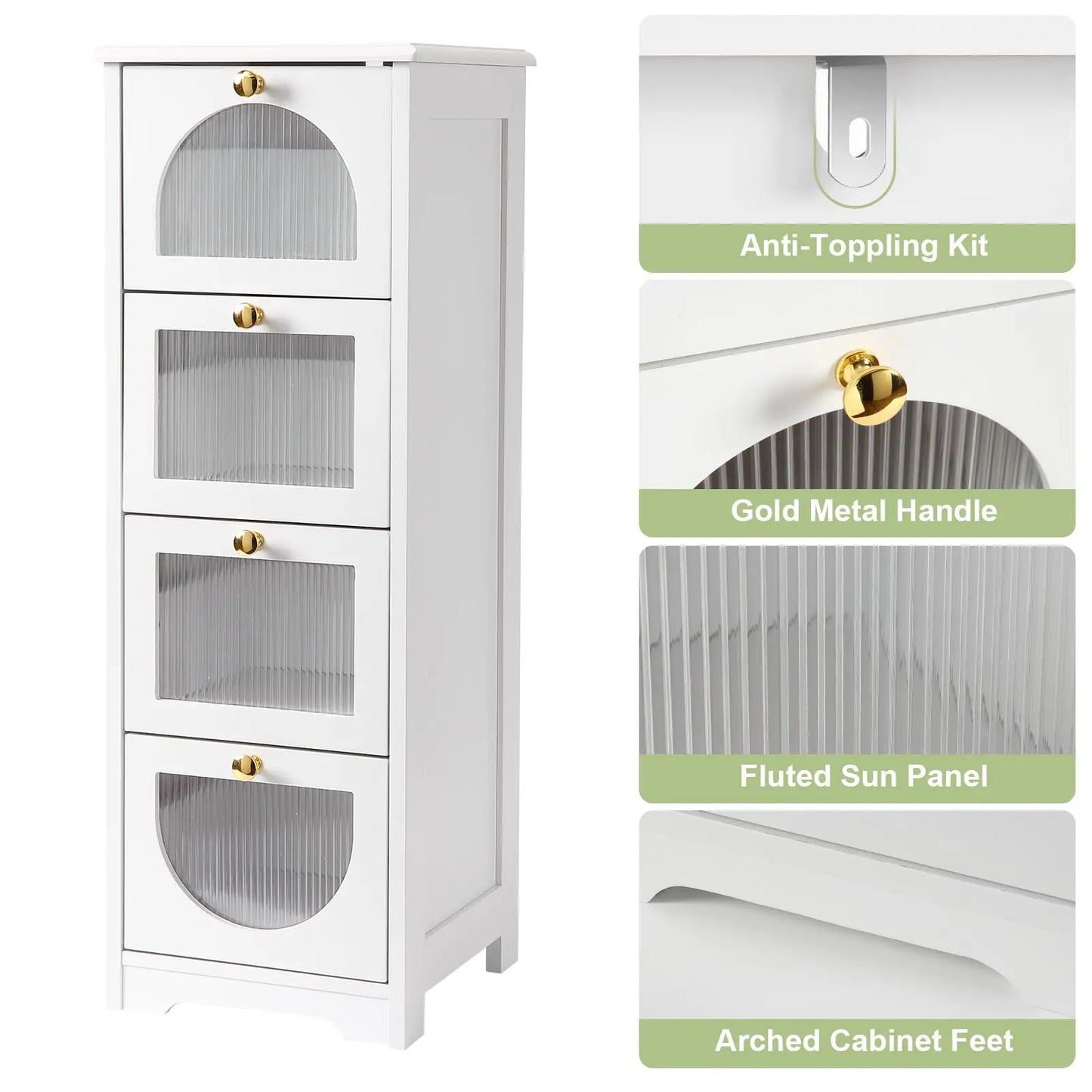 Small Bathroom Floor Cabinet, Freestanding Bathroom Organizer and Storage Cabinet with 4 Drawers, 33" Slim Wooden Storage Cabine