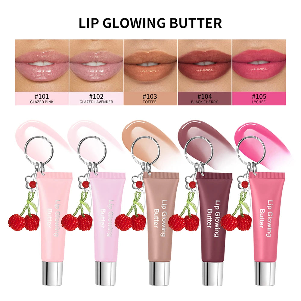 Lip Glowing Butter Lip Gloss With Cherry Pendant Moisturizing Shiny Plumping Lip Tint Hydrating Mirror Liquid Lipstick Long Lasting Lip Balm Makeup