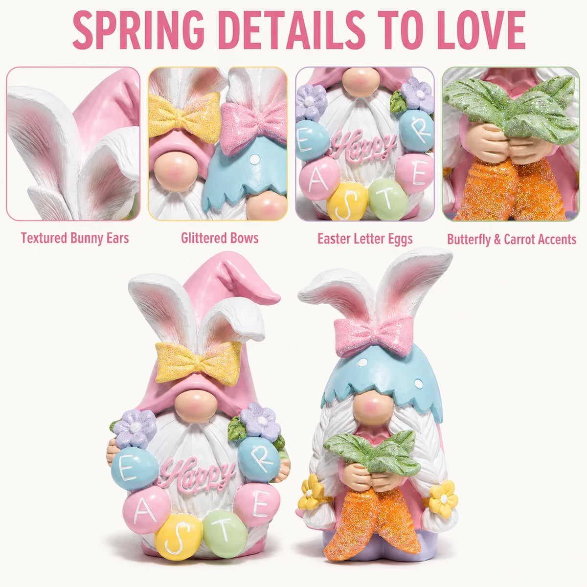 Hodao 5in Easter Gnome Figure Set, Premium Resin Bunny Gnomes with Glitter Bows, Pastel Eggs, Flowers and Sparkle Carrot, Cute Collectible Spring Decor for Tabletop Shelf Mantel Living Room Tiered Tray, Easter Party Home Deco