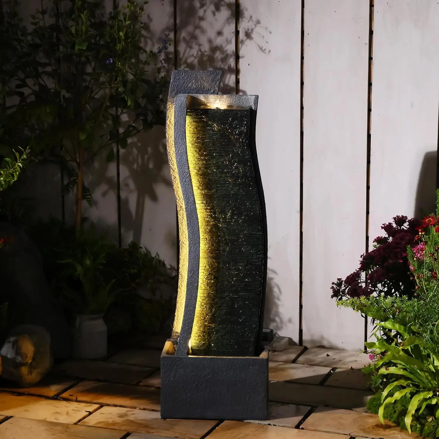 43H Modern Outdoor Water Fountain with LED Light Garden Cascading Curved Waterfall Feature for Indoor or Outdoor, Customized