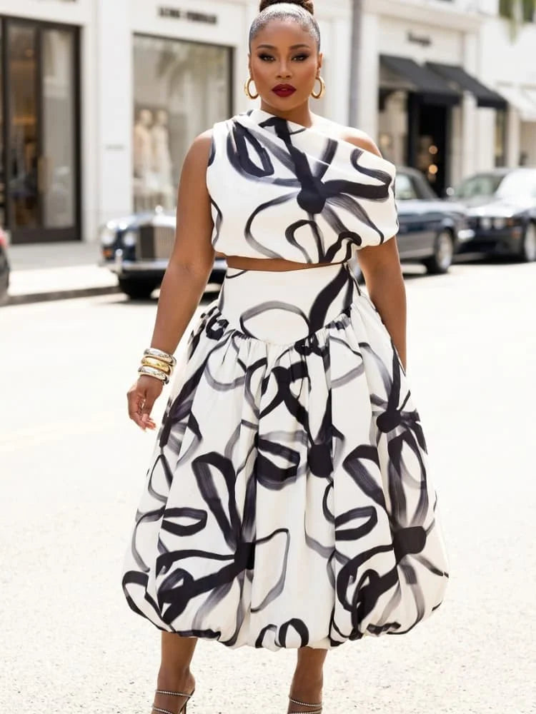 Plus Size Asymmetrical Neck Sleeveless Crop Top + High Waist Bubble Midi Skirt Matching Set For Women Party Fashion Two Piece Outfit