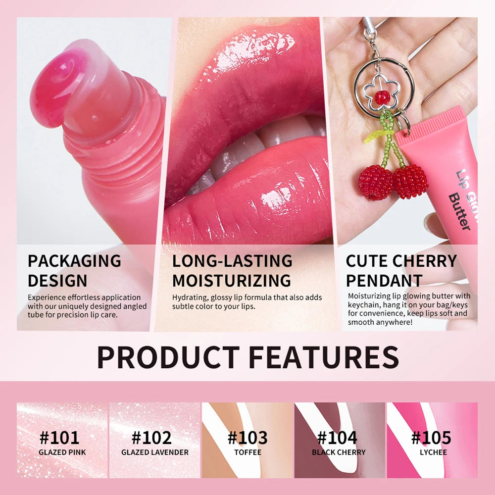 Lip Glowing Butter Lip Gloss With Cherry Pendant Moisturizing Shiny Plumping Lip Tint Hydrating Mirror Liquid Lipstick Long Lasting Lip Balm Makeup