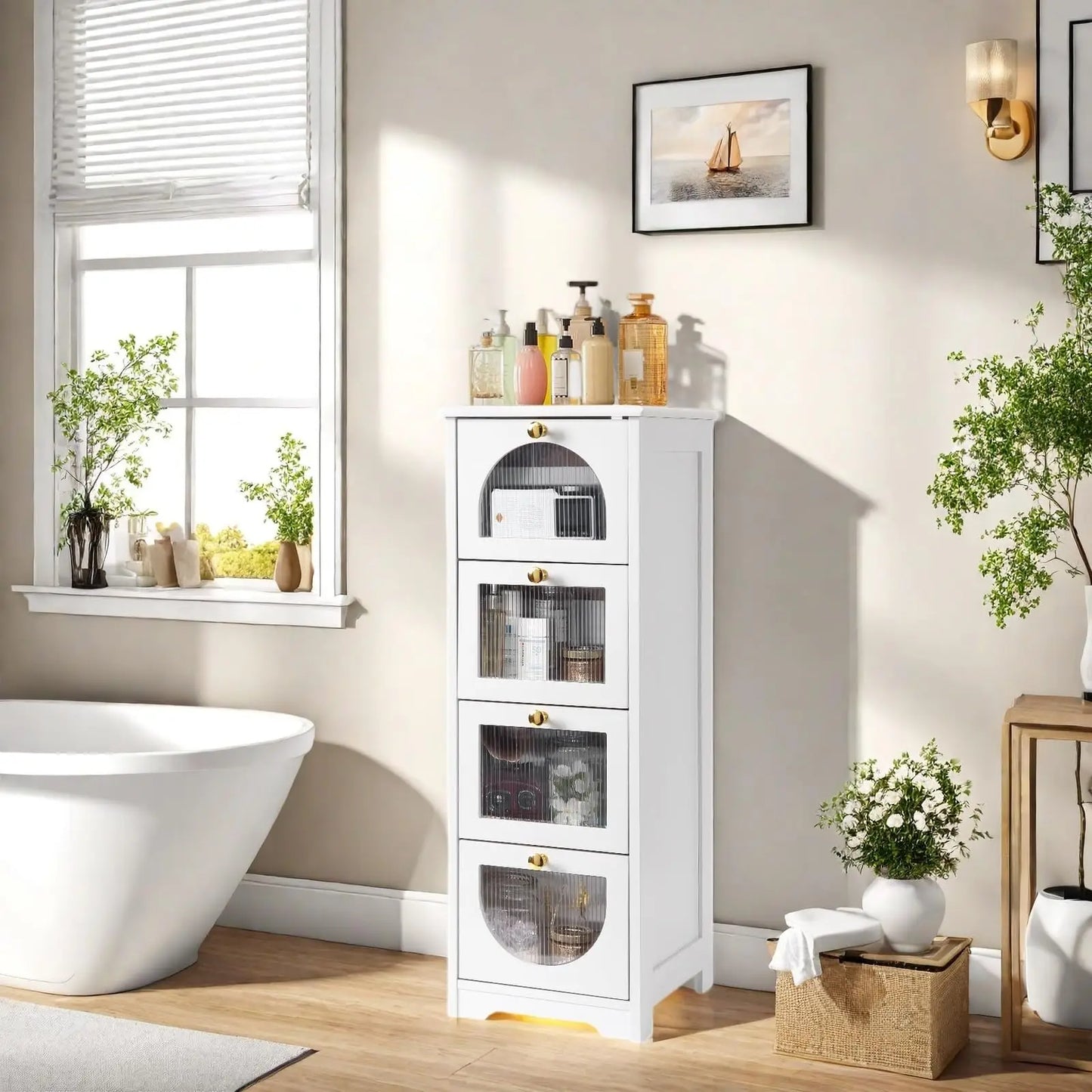 Small Bathroom Floor Cabinet, Freestanding Bathroom Organizer and Storage Cabinet with 4 Drawers, 33" Slim Wooden Storage Cabine