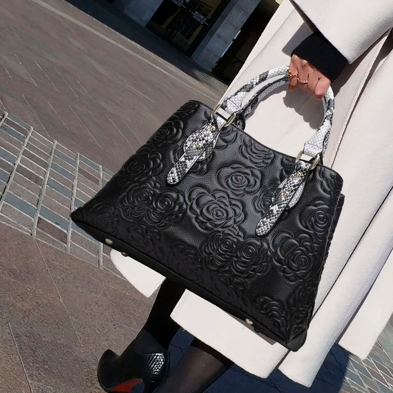Aidrani Womens Luxury Leather Handbag Large Capacity Floral Snake Pattern