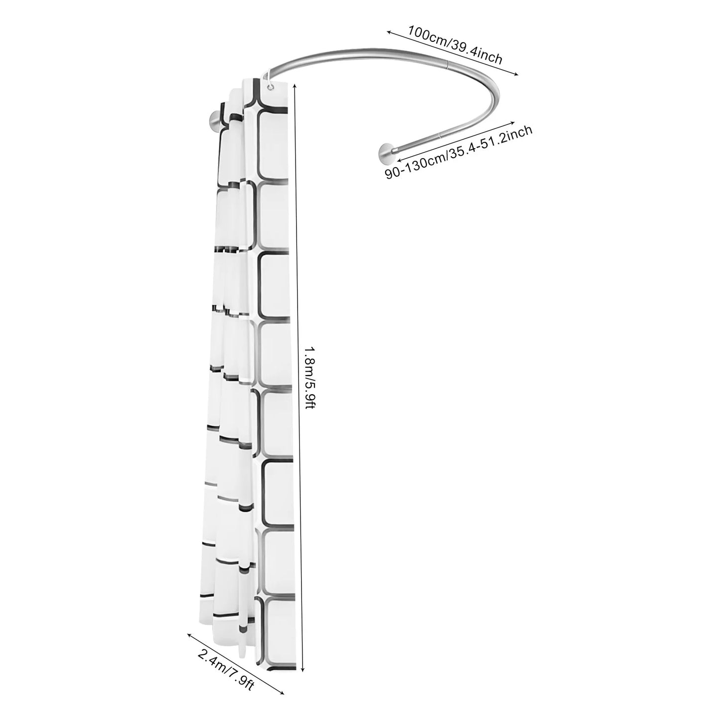 Extendable U Shaped Shower Curtain Rod Set Punch Free Bathroom