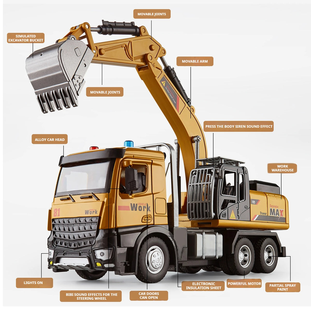 Diecast Metal Excavator Truck With Sound And Light Effects