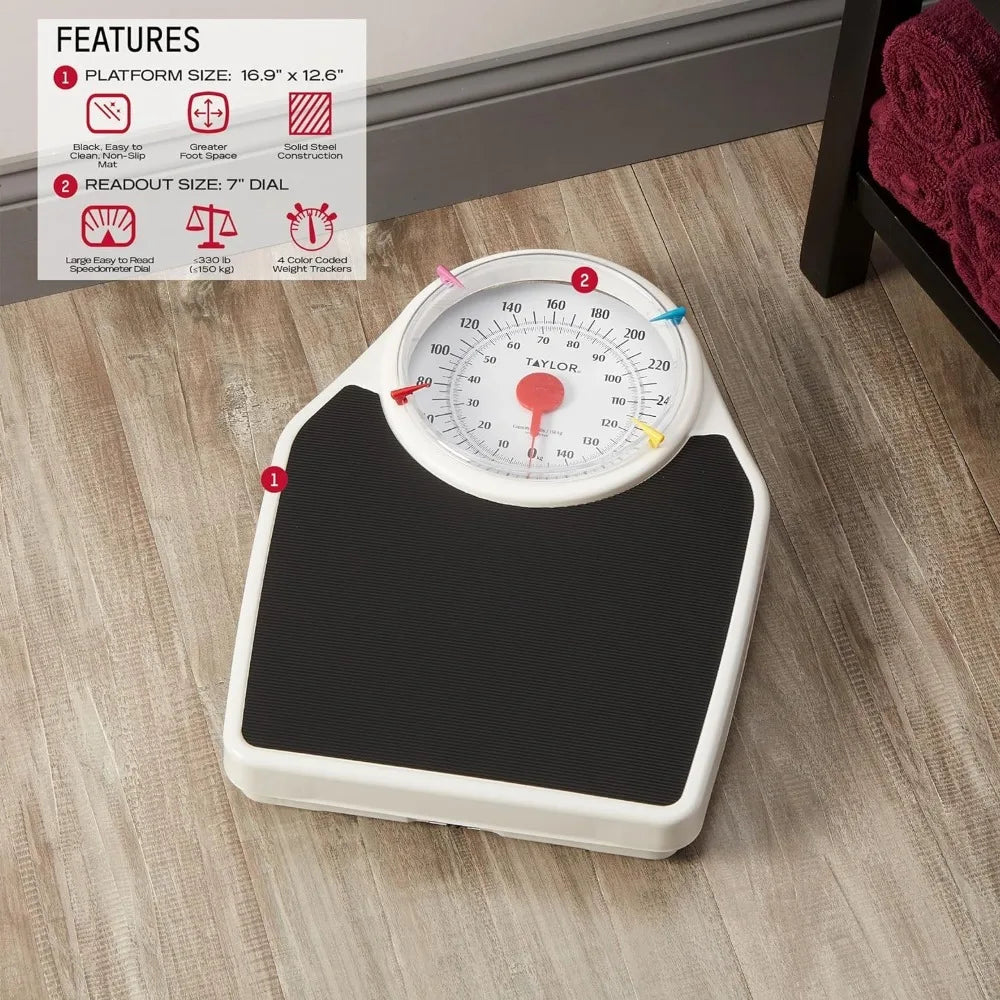 Taylor Battery Free Analog Scales for Body Weight, 330LB Capacity, Easy to Read Large 7-inch Dial, 18.4 x 13.7-inch Ribbed Mat